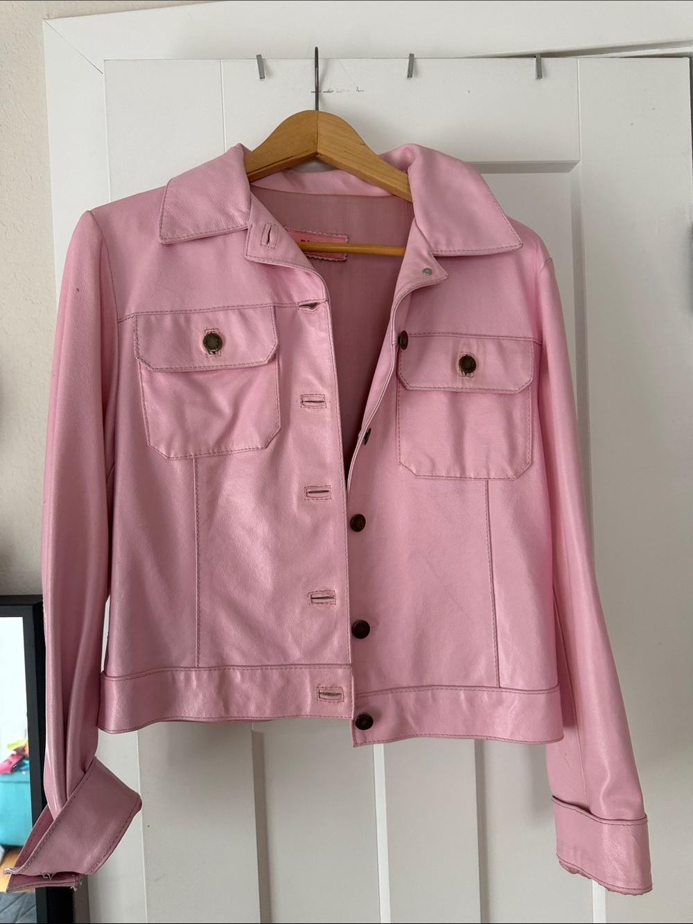 Classic Pink Faux Leather Button-Up Jacket
